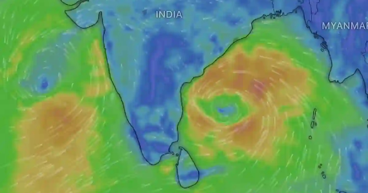 Cyclone Montha wind pattern map over Bay of Bengal