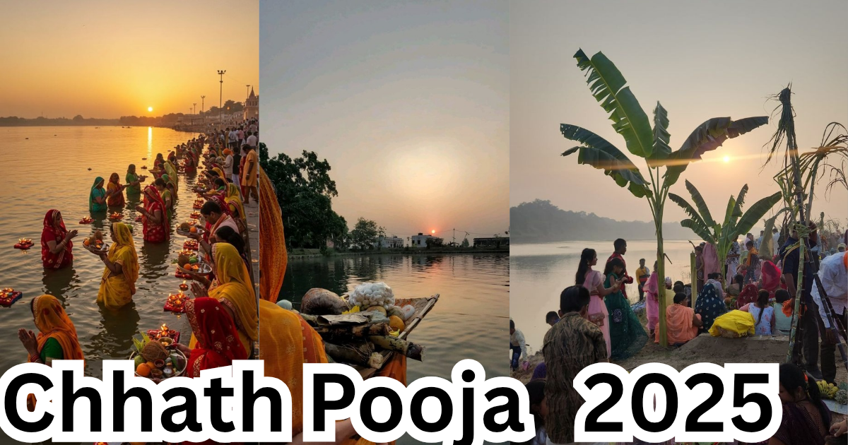 Chhath Puja 2025 celebration photo of devotees offering prayers to the Sun God at river ghats in India with traditional baskets, diyas and banana trees.